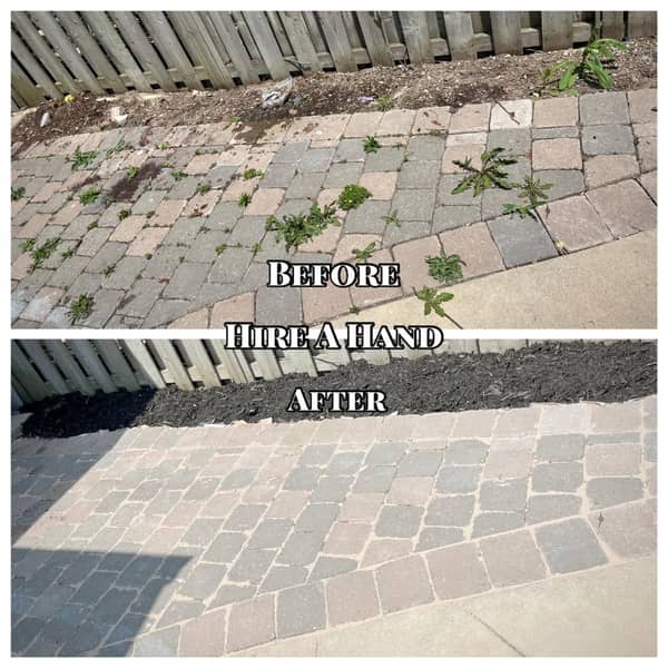 Paver patio weeded and refreshed with mulch border